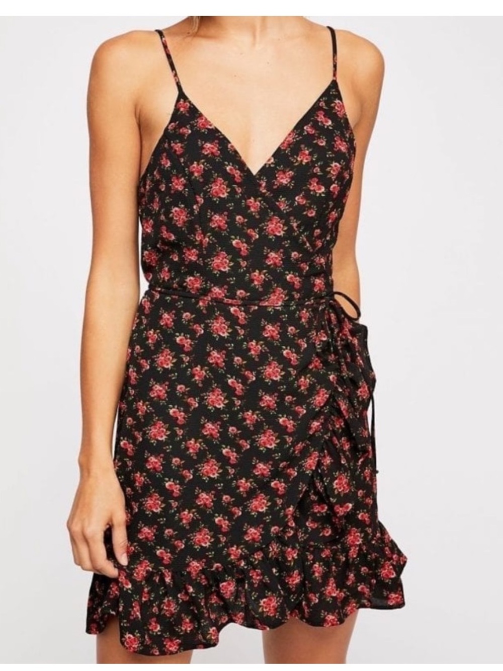 NWT!  Free People All My Love Black Floral Wrap Mini Dress, size XS
